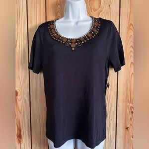 JONES New York New Top Brown Short Sleeve Pullover Embellished Neckline Size M
